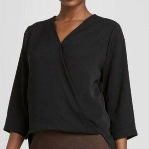 LONG SLEEVE V-NECK WRAP BLOUSE BLACK S